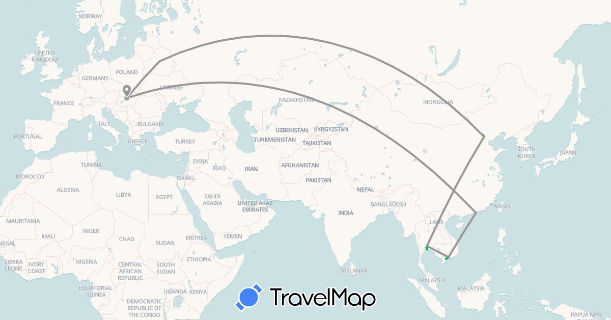 TravelMap itinerary: driving, bus, plane in Belarus, China, Hungary, Thailand, Vietnam (Asia, Europe)